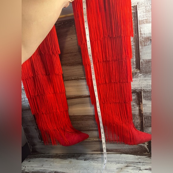 Red Fringe Over-the-Knee Heeled Boots - Picture 5 of 9